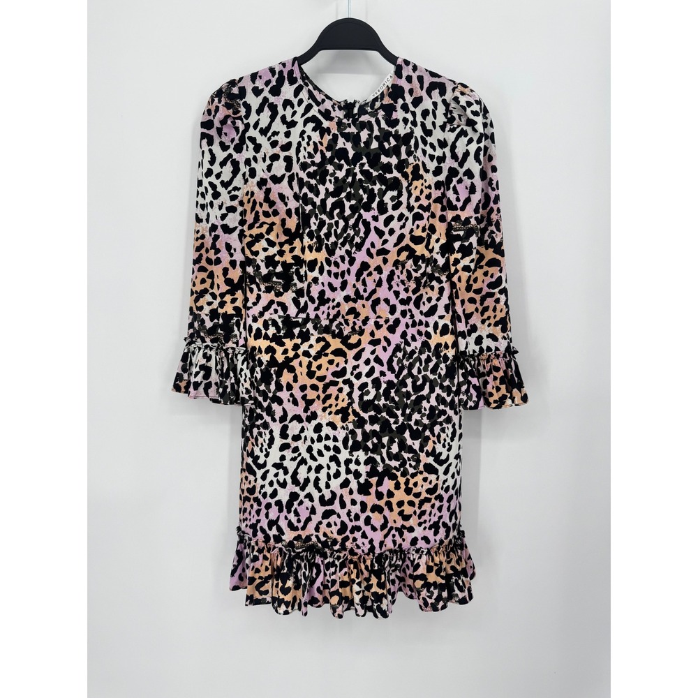 Veronica Beard Silk Mini Dress Womens 2 Pink Leopard Print Ruffle Hem